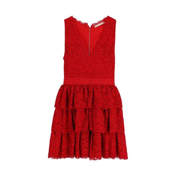 Alice + Olivia V-neck Lace Mini Dress in Red Nylon